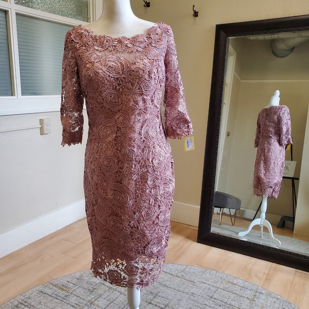 Size 10 blush or dusty pink lace sleeved formal cocktail to midi Mon Cheri NWOT